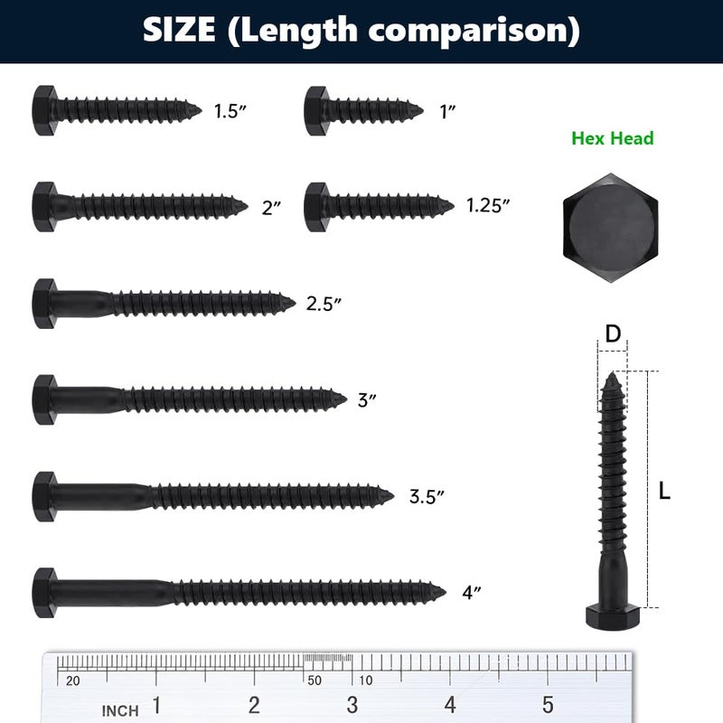 RoyceMart 12-Sets 1/4 x 3-1/2" Black Hex Head Lag Screws & Flat Washers, Heavy Duty Wood Lag Screws, 304 Stainless Steel (18-8), 1/4" Bolt - Image 4